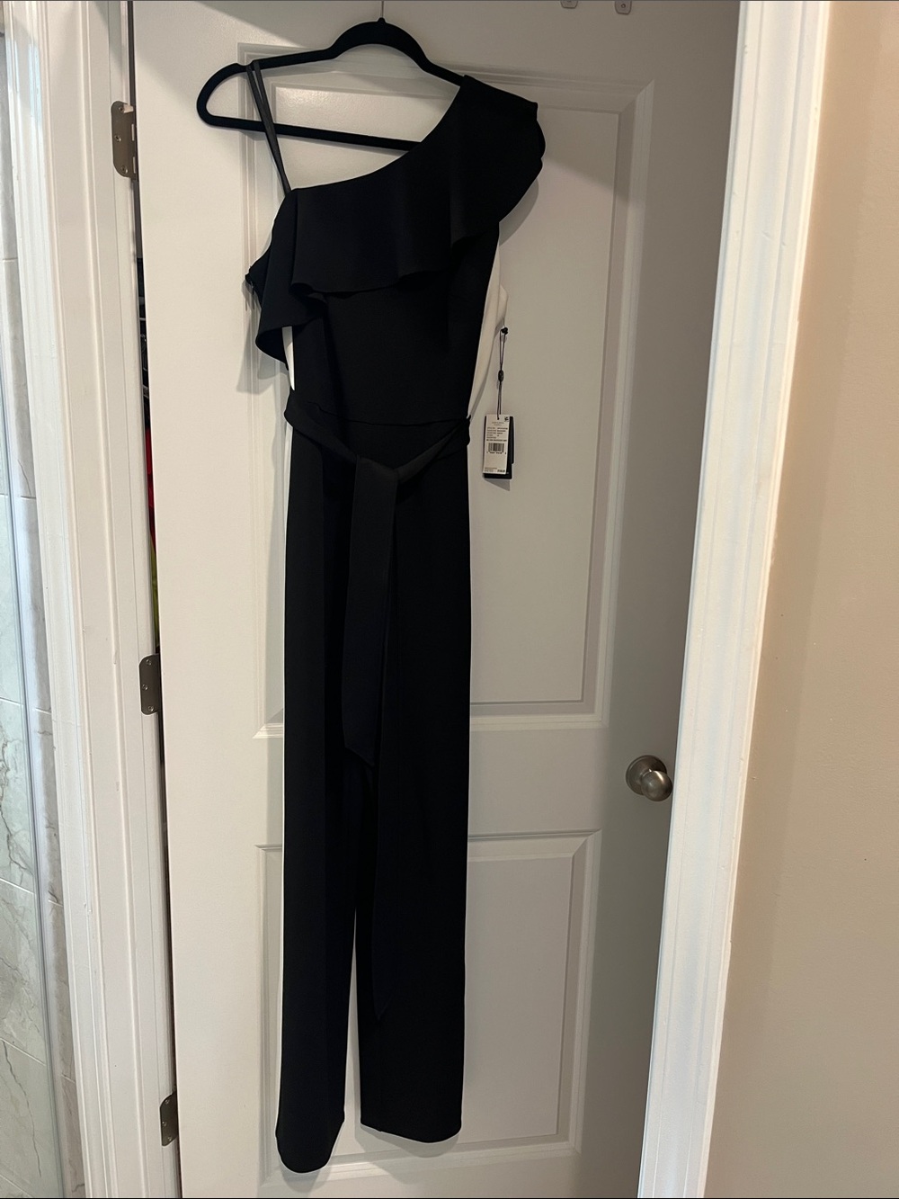 Adrianna Papell Black One-Shoulder Ruffle Jumpsuit